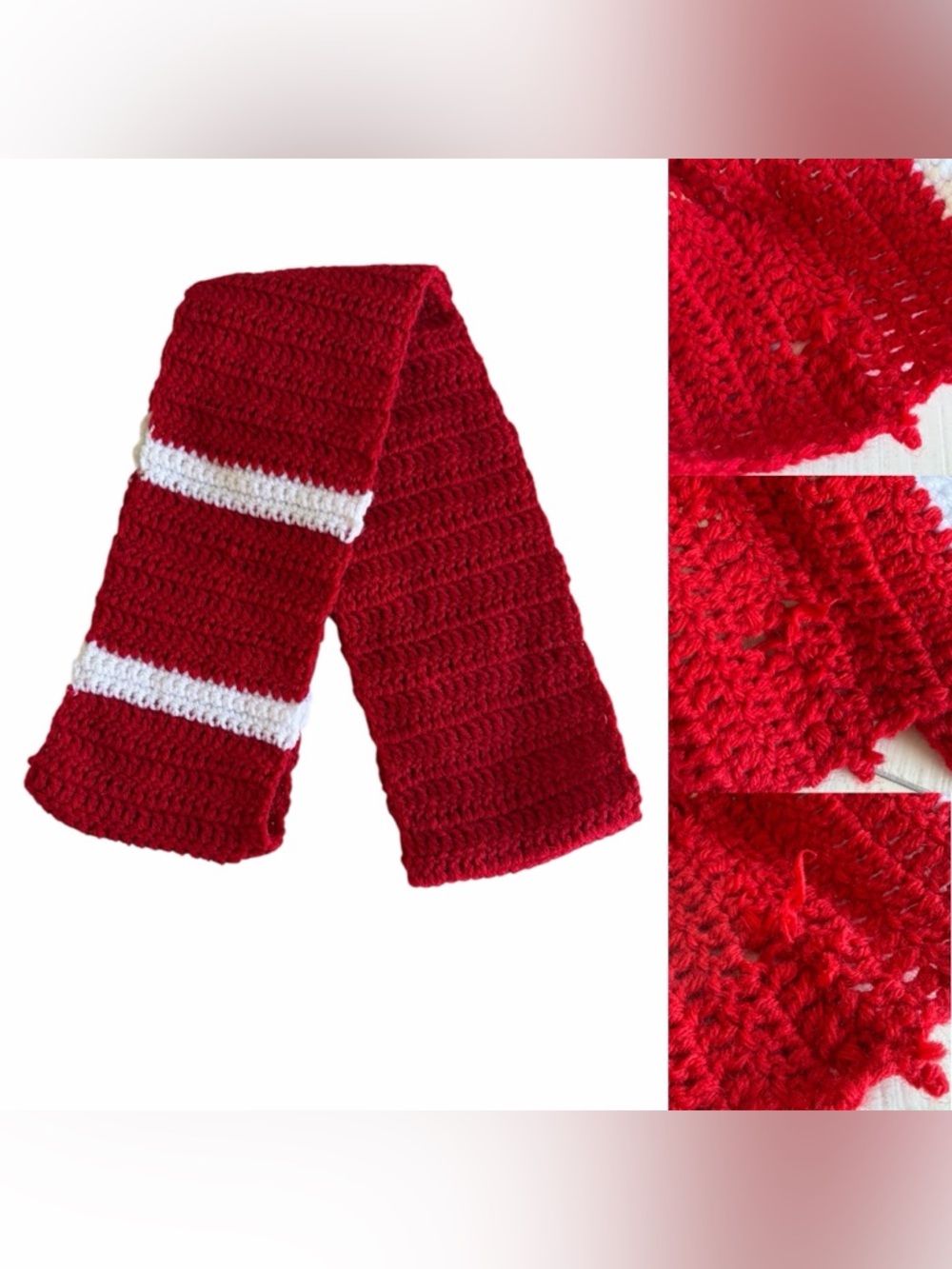 Cozy Handmade Red Infinity Crochet Scarf with White Accent Stripes